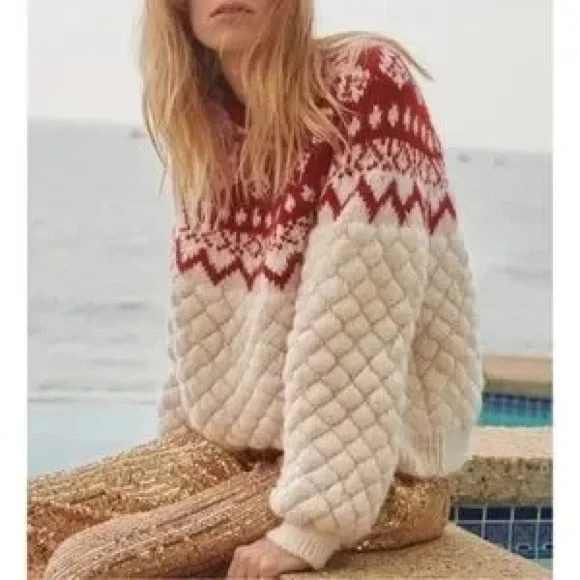 Zara Oversized Knit Jacquard Sweater Ivory Red Size Medium - Picture 15 of 16